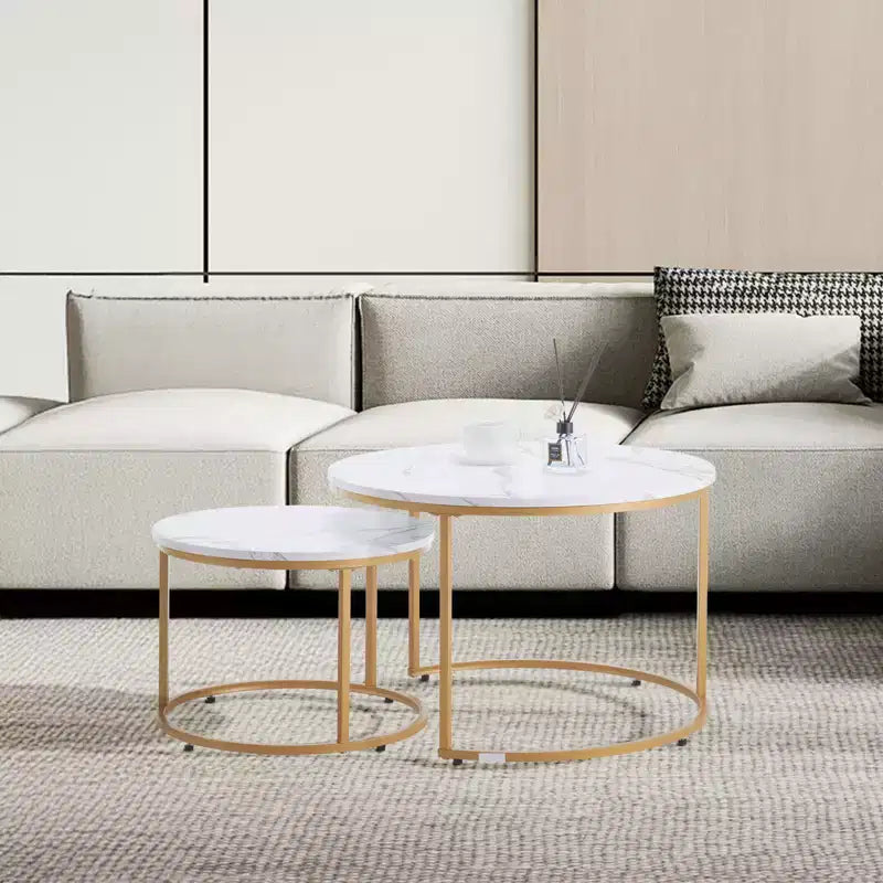Nesting Couchtisch, runder Couchtisch 80 cm, Beistelltische, Vintage-Nachttische mit Metallgestell, Weiß & Gold