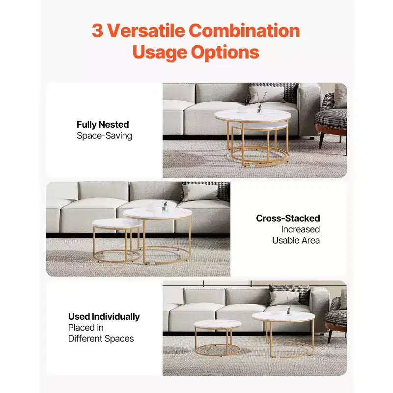 Nesting Couchtisch, runder Couchtisch 80 cm, Beistelltische, Vintage-Nachttische mit Metallgestell, Weiß & Gold