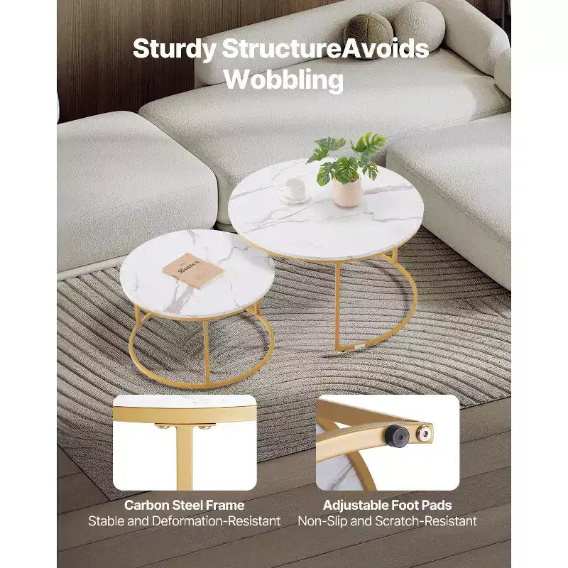 Nesting Couchtisch, runder Couchtisch 80 cm, Beistelltische, Vintage-Nachttische mit Metallgestell, Weiß & Gold
