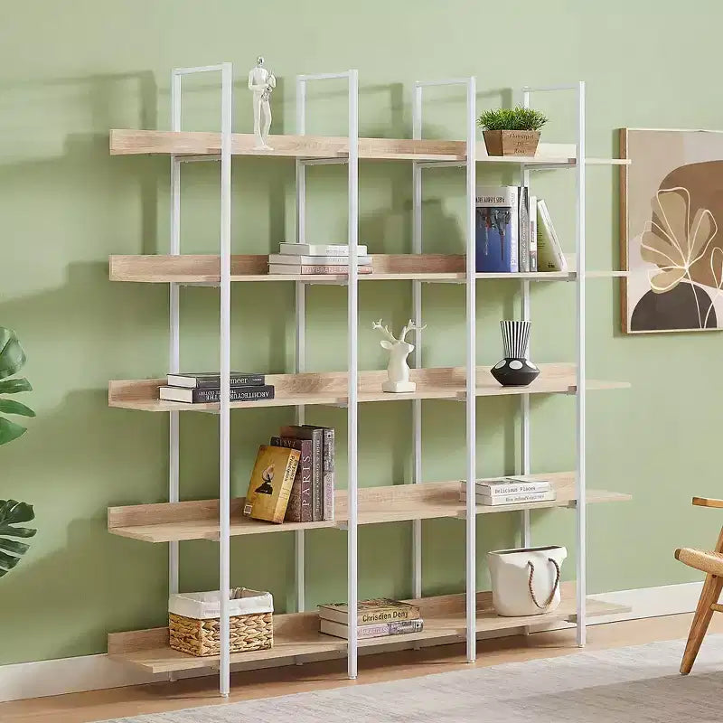 5-stöckiges Bücherregal für Zuhause und Büro, offenes Bücherregal, Vintage Industrial Stil Regal, MDF-Platte, weißer Metallrahmen