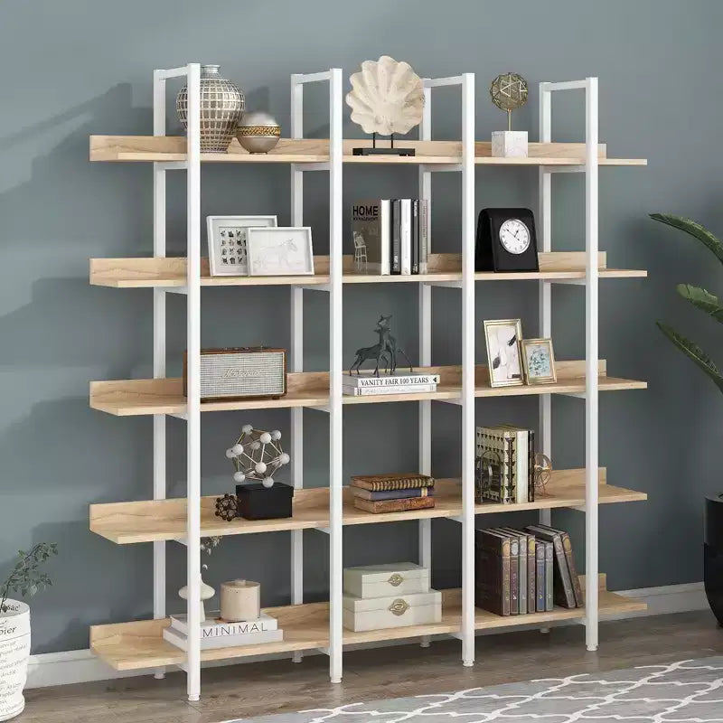 5-stöckiges Bücherregal für Zuhause und Büro, offenes Bücherregal, Vintage Industrial Stil Regal, MDF-Platte, weißer Metallrahmen
