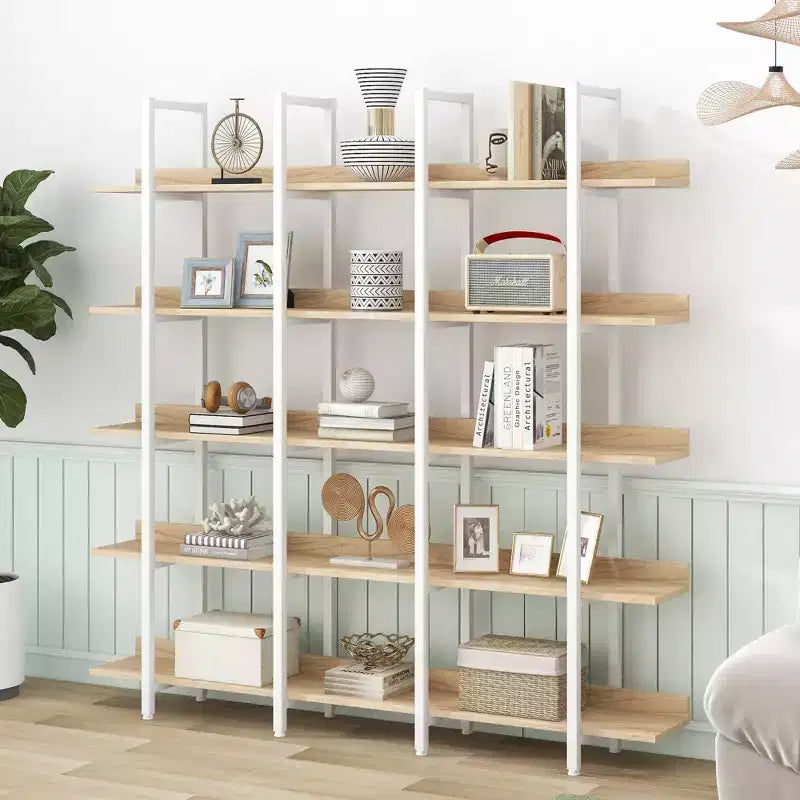 5-stöckiges Bücherregal für Zuhause und Büro, offenes Bücherregal, Vintage Industrial Stil Regal, MDF-Platte, weißer Metallrahmen