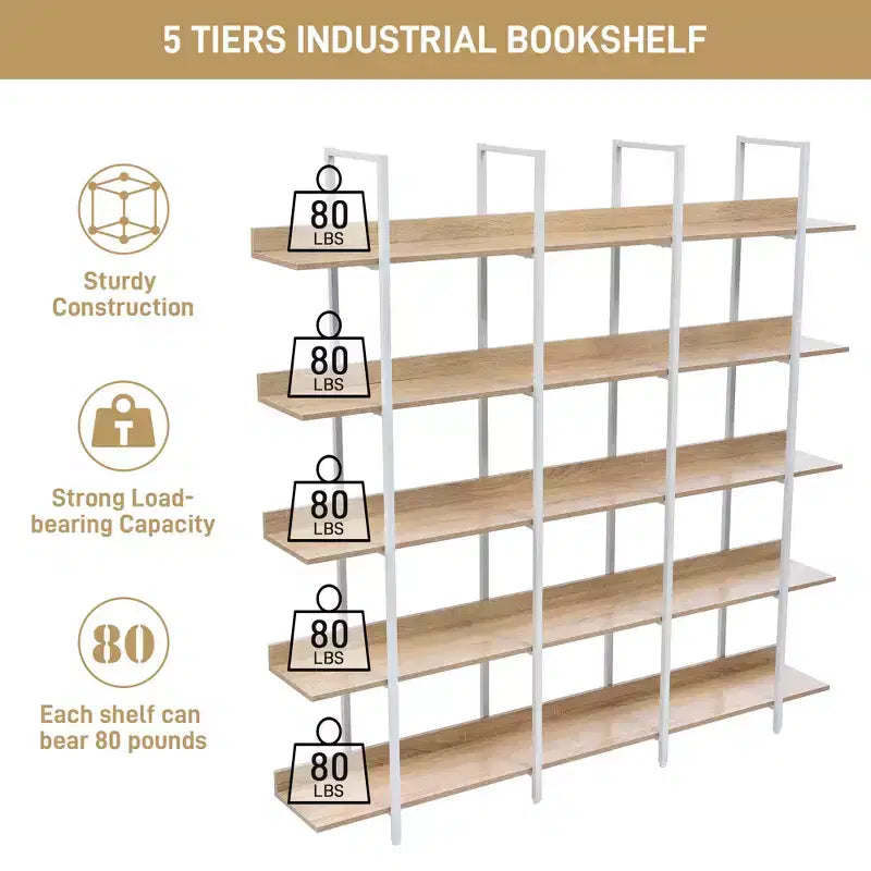 5-stöckiges Bücherregal für Zuhause und Büro, offenes Bücherregal, Vintage Industrial Stil Regal, MDF-Platte, weißer Metallrahmen