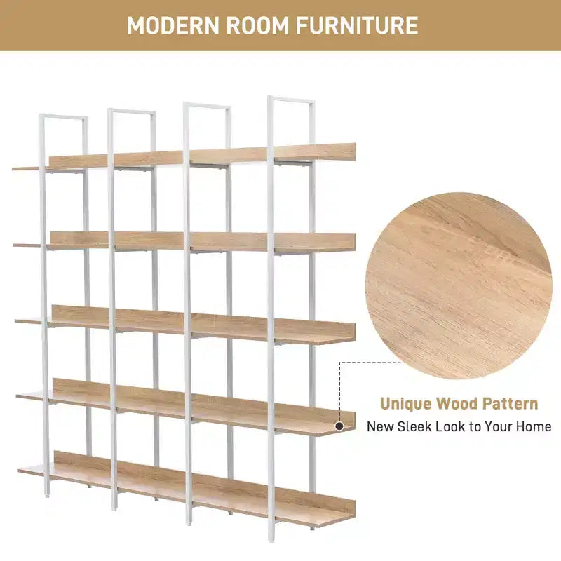 5-stöckiges Bücherregal für Zuhause und Büro, offenes Bücherregal, Vintage Industrial Stil Regal, MDF-Platte, weißer Metallrahmen