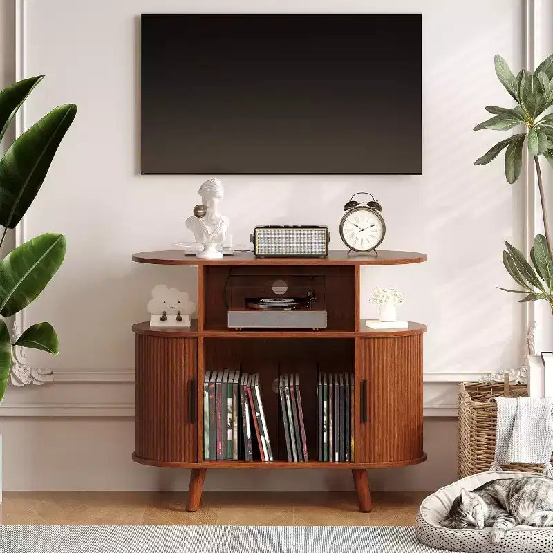 Plattenspielerständer mit Aufbewahrung und Ladestation, großer runder Schallplattenkabinett, moderner Plattenspielertisch für Wohnzimmer, Schlafzimmer