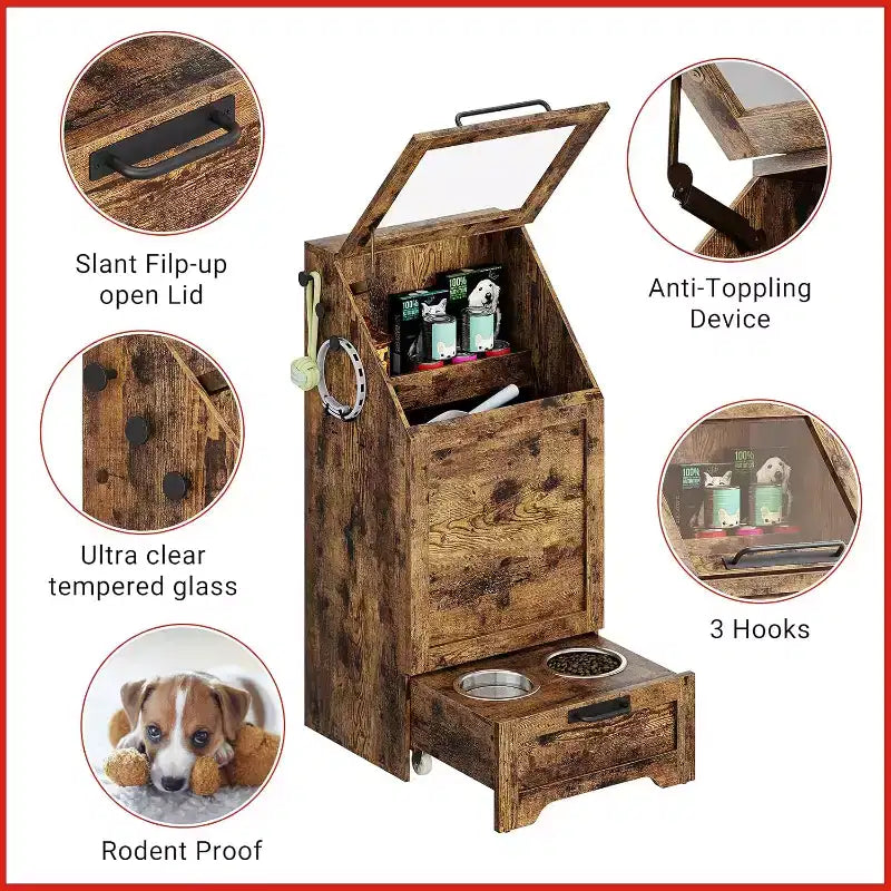 Klappbare Hundefutterstation mit Aufbewahrungsschrank, 2 erhöhte Edelstahlnäpfe & 3 Haken, hölzerner Tierfutter-Organizer für Hunde Katzen, Beistelltisch