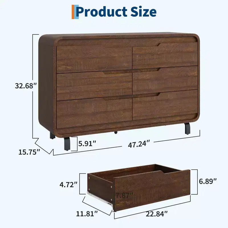 Kommode mit 6 Schubladen für das Schlafzimmer, 47 Zoll breite moderne Holzkommode mit großem Holzstauraum, Schubladenkommode für Wohnzimmer, Flur