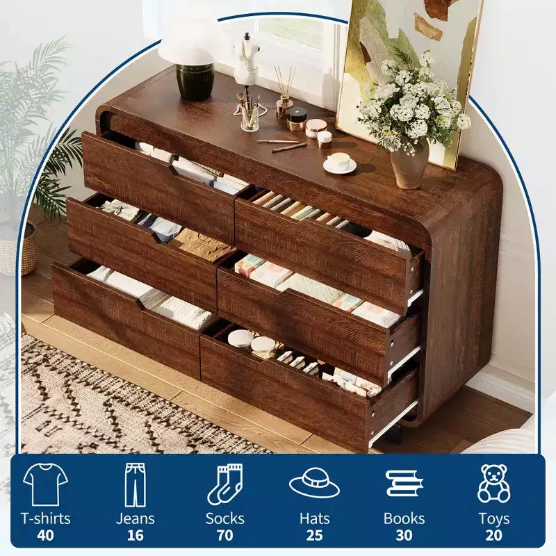Kommode mit 6 Schubladen für das Schlafzimmer, 47 Zoll breite moderne Holzkommode mit großem Holzstauraum, Schubladenkommode für Wohnzimmer, Flur