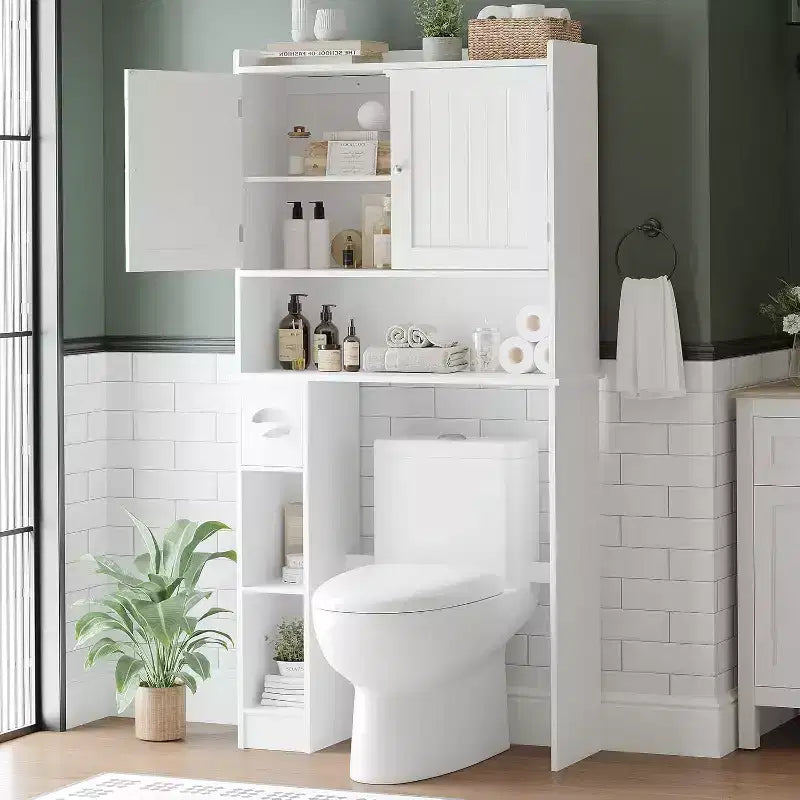 Toilettenschrank mit Scheunentüren, Badezimmerregal über der Toilette mit Taschentuchhaken und verstellbaren Regalböden für Badezimmer, Eingangsbereich, Waschküche