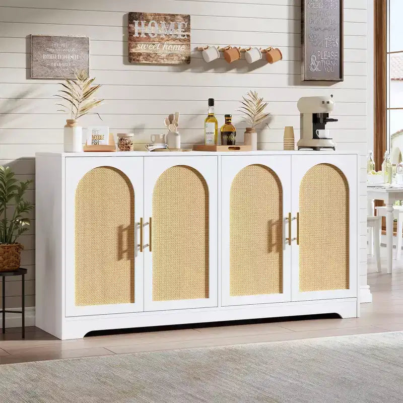 Sideboard Buffet Schrank - Großer Credenza-Stauraum mit 4 Rattan-Türen, Moderner Konsolentisch, Akzent-Kaffeebar-Schrank für Wohnzimmer, Küche, Flur