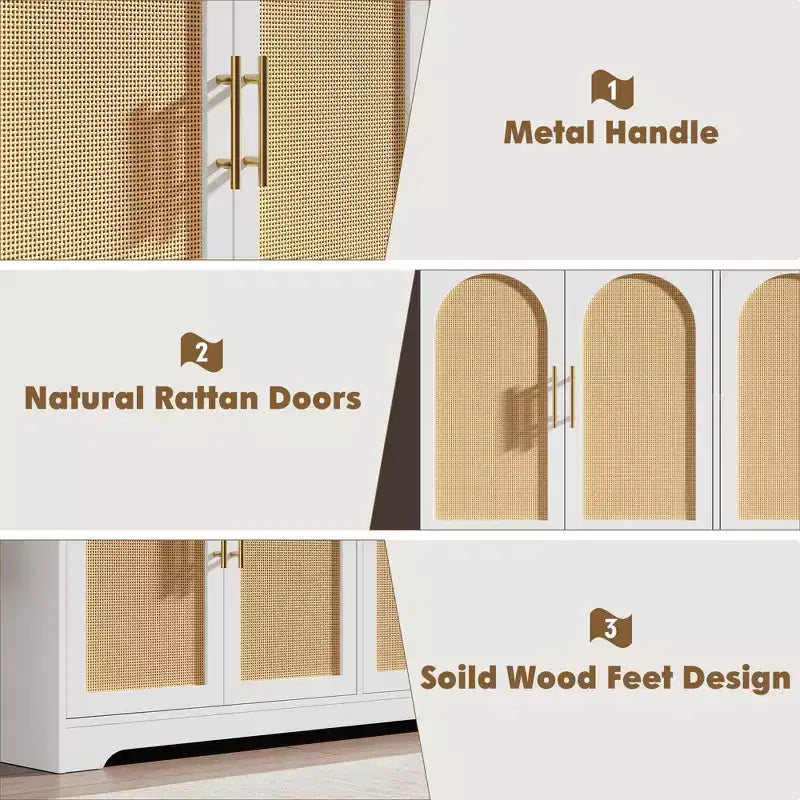 Sideboard Buffet Schrank - Großer Credenza-Stauraum mit 4 Rattan-Türen, Moderner Konsolentisch, Akzent-Kaffeebar-Schrank für Wohnzimmer, Küche, Flur