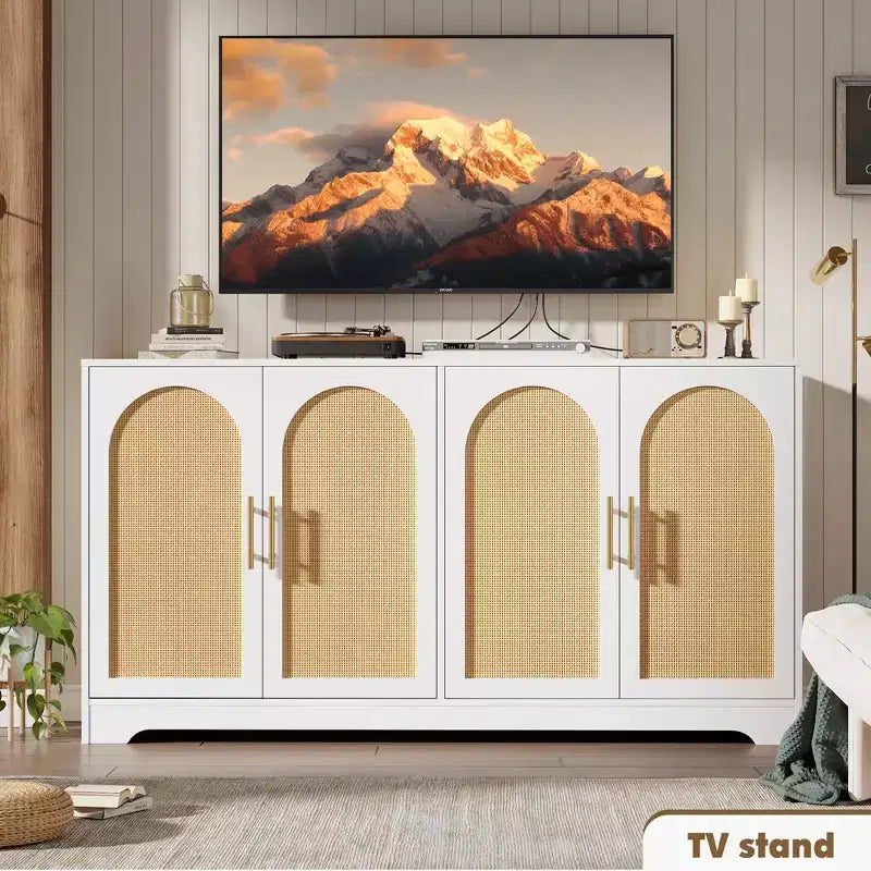 Sideboard Buffet Schrank - Großer Credenza-Stauraum mit 4 Rattan-Türen, Moderner Konsolentisch, Akzent-Kaffeebar-Schrank für Wohnzimmer, Küche, Flur