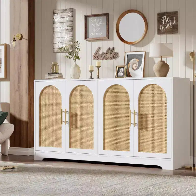 Sideboard Buffet Schrank - Großer Credenza-Stauraum mit 4 Rattan-Türen, Moderner Konsolentisch, Akzent-Kaffeebar-Schrank für Wohnzimmer, Küche, Flur