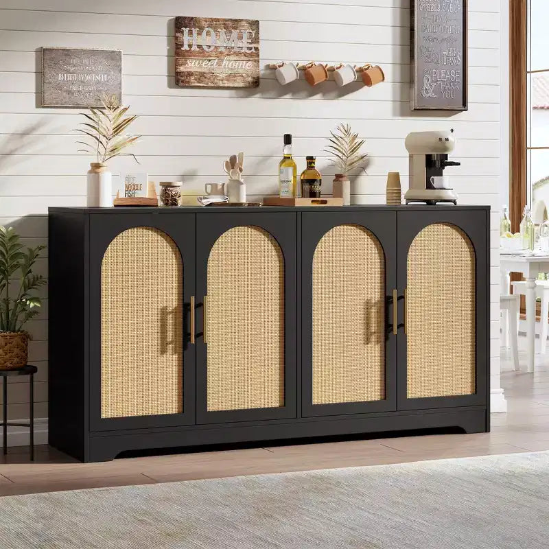 Sideboard Buffet Schrank - Großer Credenza-Stauraum mit 4 Rattan-Türen, Moderner Konsolentisch, Akzent-Kaffeebar-Schrank für Wohnzimmer, Küche, Flur