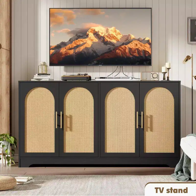 Sideboard Buffet Schrank - Großer Credenza-Stauraum mit 4 Rattan-Türen, Moderner Konsolentisch, Akzent-Kaffeebar-Schrank für Wohnzimmer, Küche, Flur