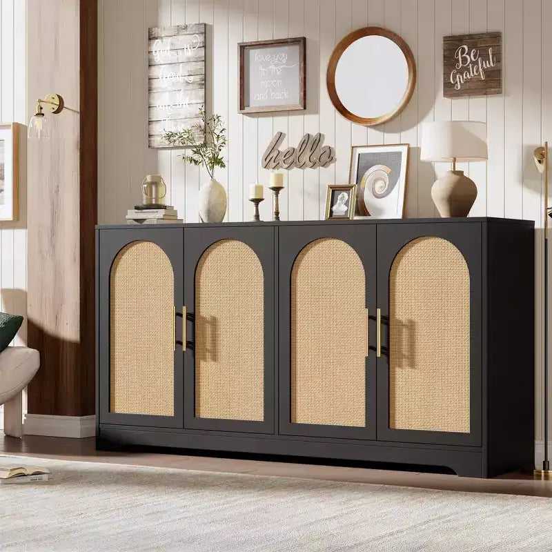 Sideboard Buffet Schrank - Großer Credenza-Stauraum mit 4 Rattan-Türen, Moderner Konsolentisch, Akzent-Kaffeebar-Schrank für Wohnzimmer, Küche, Flur