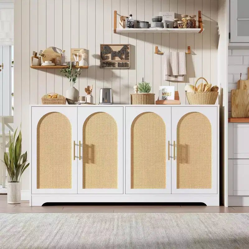 Sideboard Buffet Schrank - Großer Credenza-Stauraum mit 4 Rattan-Türen, Moderner Konsolentisch, Akzent-Kaffeebar-Schrank für Wohnzimmer, Küche, Flur