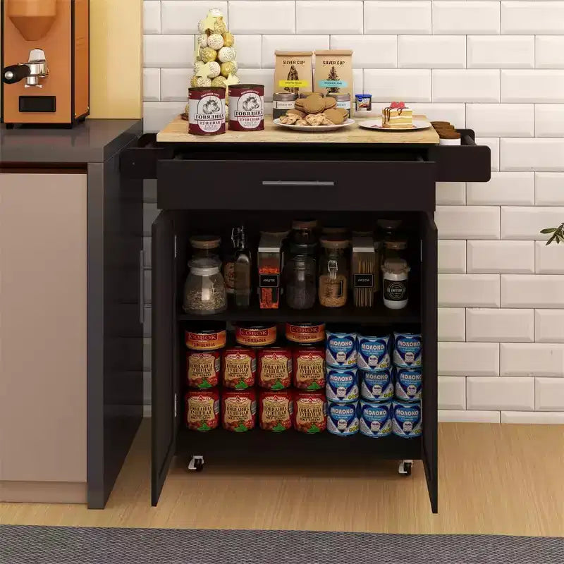 Kücheninsel mit Steckdose, Küchenschrank mit großer Arbeitsplatte, Gewürzregal und Schublade, Rollbarer Servierwagen mit Rollen