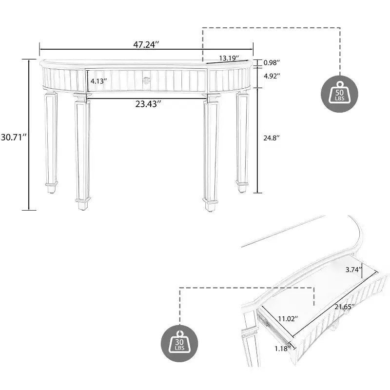 47 verspiegelter Konsolentisch mit 2 Schubladen, halbmondförmiger Flureingangstisch aus geriffeltem Glas mit Kristallknauf, Schminktisch für Schlafzimmer, Wohnzimmer