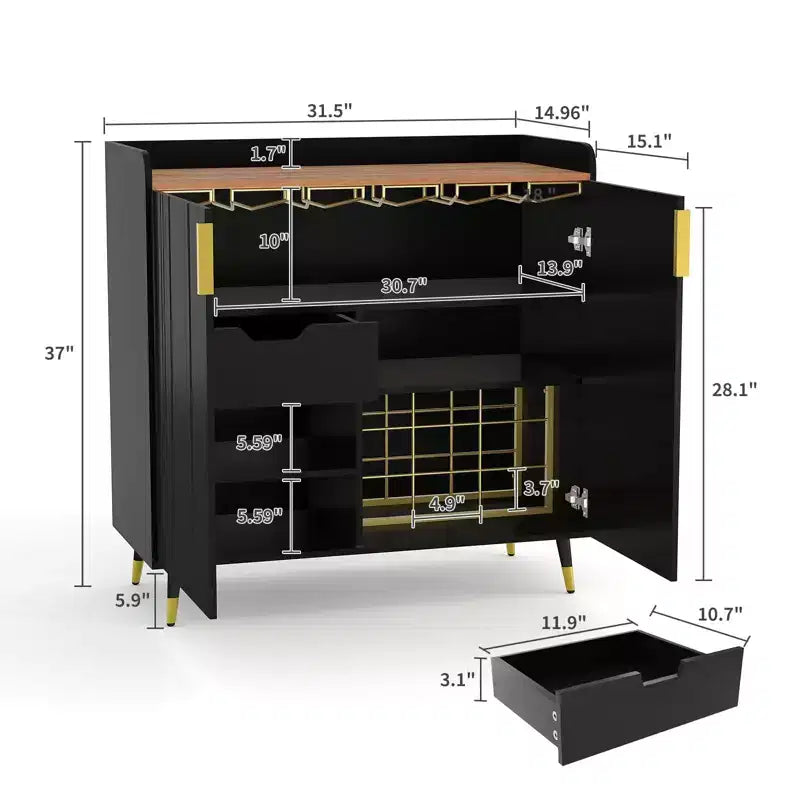 Vitrinenschrank aus Glas, freistehendes Aufbewahrungsmöbel mit Gläserhaltern und Schubladen