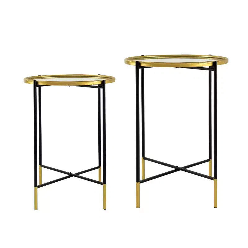 2er-Set Beistelltische aus goldfarbenem und schwarzem Eisen mit Glasplatte