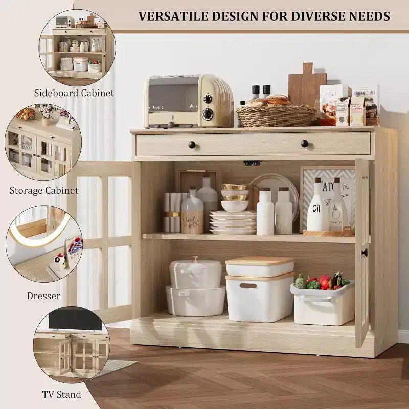 89.9 cm breites Sideboard Buffet-Schrank mit Glastür und Schublade, verstellbarer Aufbewahrungsschrank für Esszimmer, Küche oder Wohnzimmer