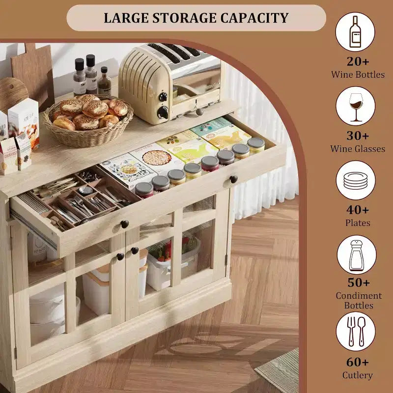 89.9 cm breites Sideboard Buffet-Schrank mit Glastür und Schublade, verstellbarer Aufbewahrungsschrank für Esszimmer, Küche oder Wohnzimmer