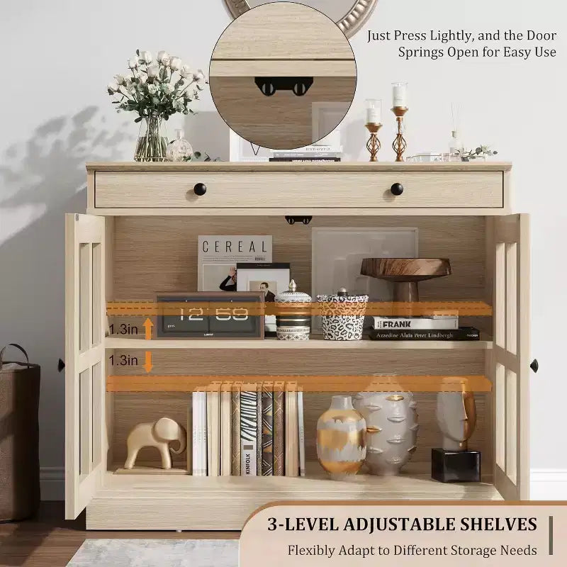 89.9 cm breites Sideboard Buffet-Schrank mit Glastür und Schublade, verstellbarer Aufbewahrungsschrank für Esszimmer, Küche oder Wohnzimmer