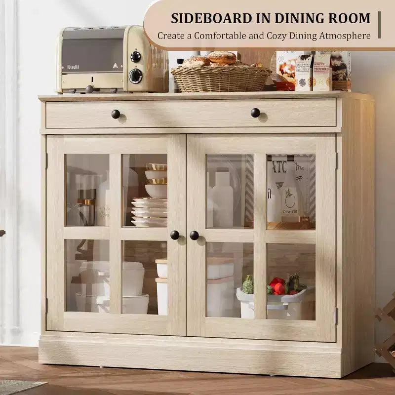 89.9 cm breites Sideboard Buffet-Schrank mit Glastür und Schublade, verstellbarer Aufbewahrungsschrank für Esszimmer, Küche oder Wohnzimmer