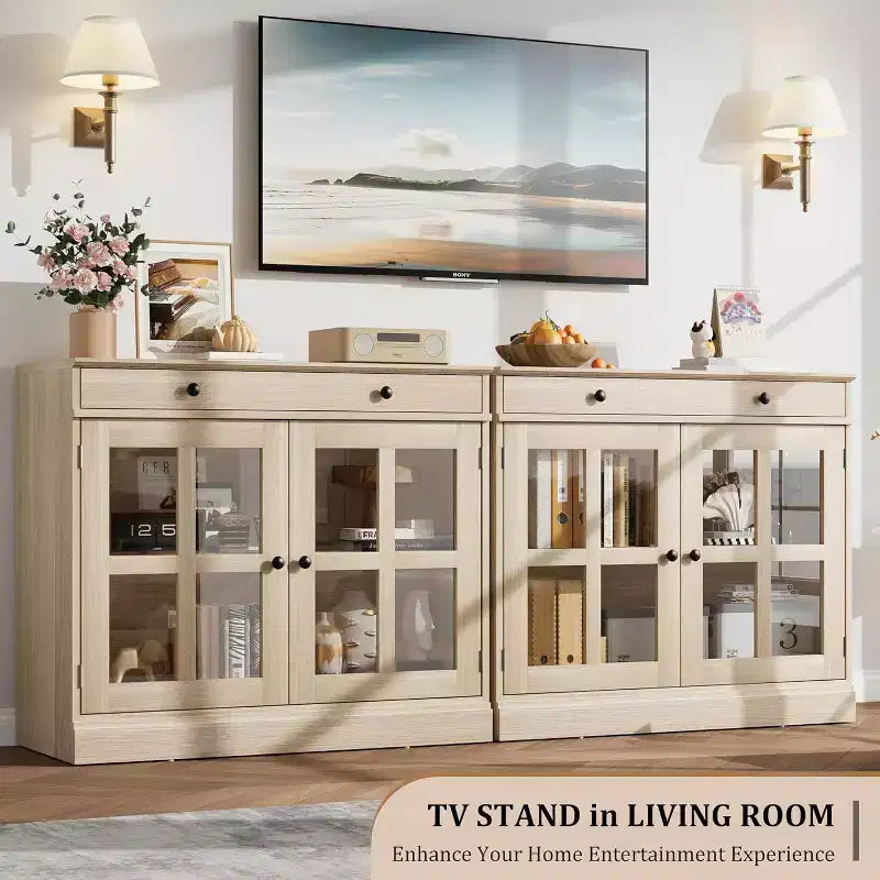89.9 cm breites Sideboard Buffet-Schrank mit Glastür und Schublade, verstellbarer Aufbewahrungsschrank für Esszimmer, Küche oder Wohnzimmer