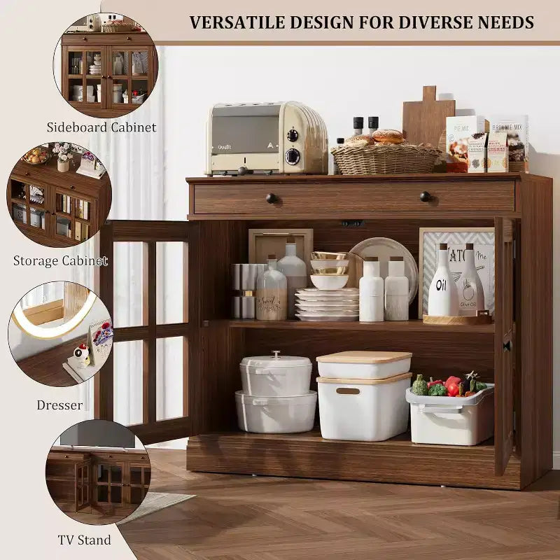 89.9 cm breites Sideboard Buffet-Schrank mit Glastür und Schublade, verstellbarer Aufbewahrungsschrank für Esszimmer, Küche oder Wohnzimmer