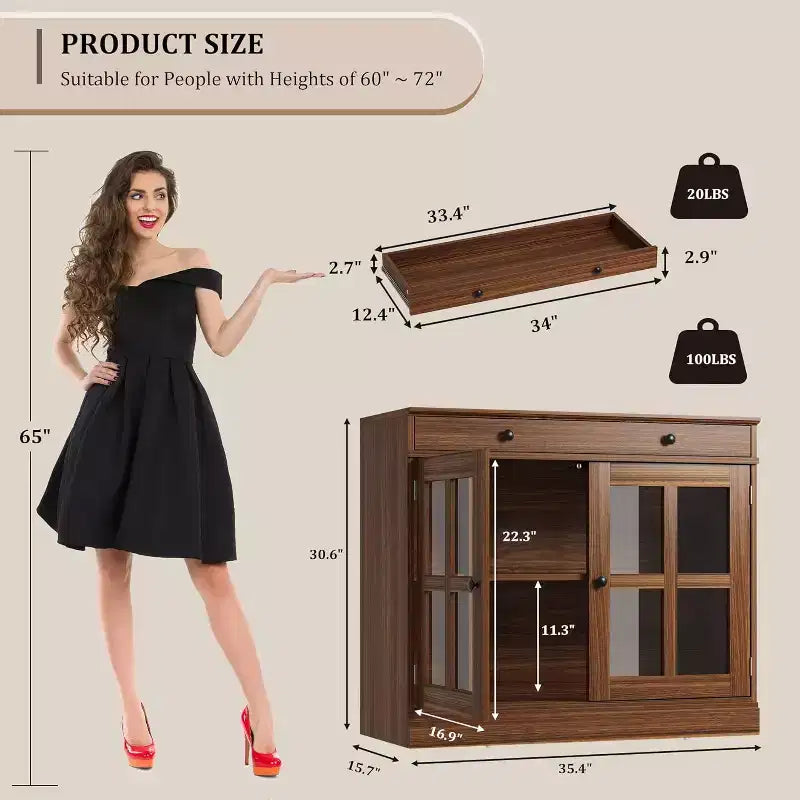 89.9 cm breites Sideboard Buffet-Schrank mit Glastür und Schublade, verstellbarer Aufbewahrungsschrank für Esszimmer, Küche oder Wohnzimmer