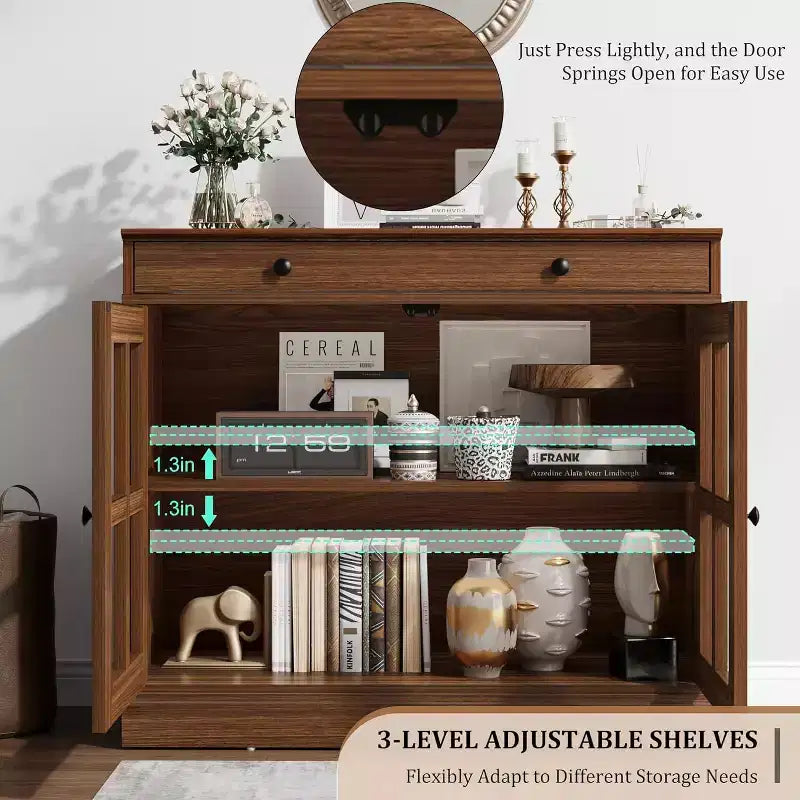 89.9 cm breites Sideboard Buffet-Schrank mit Glastür und Schublade, verstellbarer Aufbewahrungsschrank für Esszimmer, Küche oder Wohnzimmer