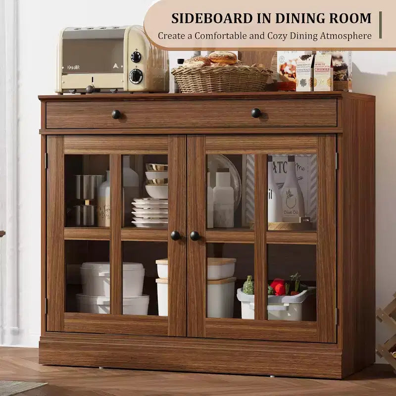 89.9 cm breites Sideboard Buffet-Schrank mit Glastür und Schublade, verstellbarer Aufbewahrungsschrank für Esszimmer, Küche oder Wohnzimmer
