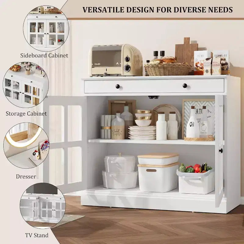 89.9 cm breites Sideboard Buffet-Schrank mit Glastür und Schublade, verstellbarer Aufbewahrungsschrank für Esszimmer, Küche oder Wohnzimmer