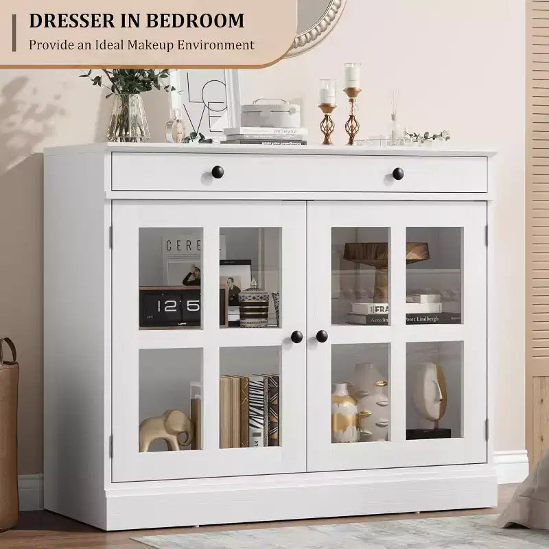 89.9 cm breites Sideboard Buffet-Schrank mit Glastür und Schublade, verstellbarer Aufbewahrungsschrank für Esszimmer, Küche oder Wohnzimmer