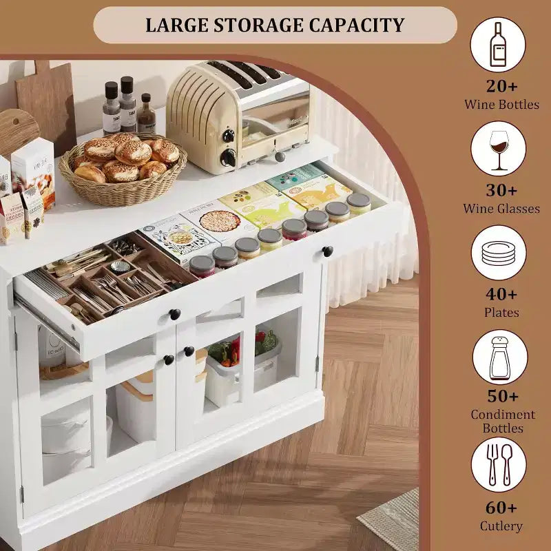 89.9 cm breites Sideboard Buffet-Schrank mit Glastür und Schublade, verstellbarer Aufbewahrungsschrank für Esszimmer, Küche oder Wohnzimmer