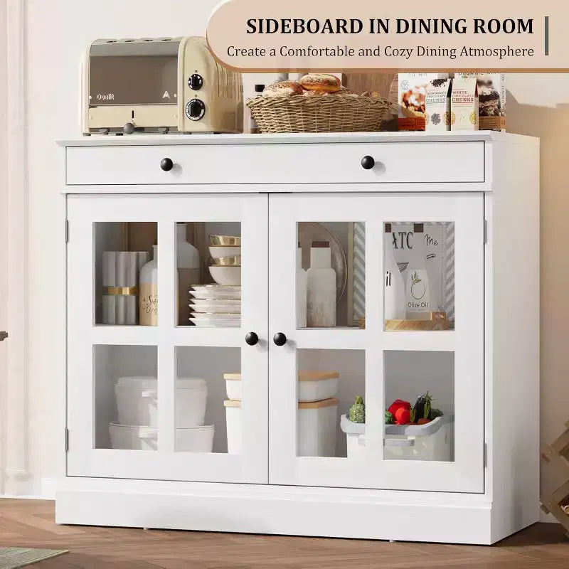 89.9 cm breites Sideboard Buffet-Schrank mit Glastür und Schublade, verstellbarer Aufbewahrungsschrank für Esszimmer, Küche oder Wohnzimmer