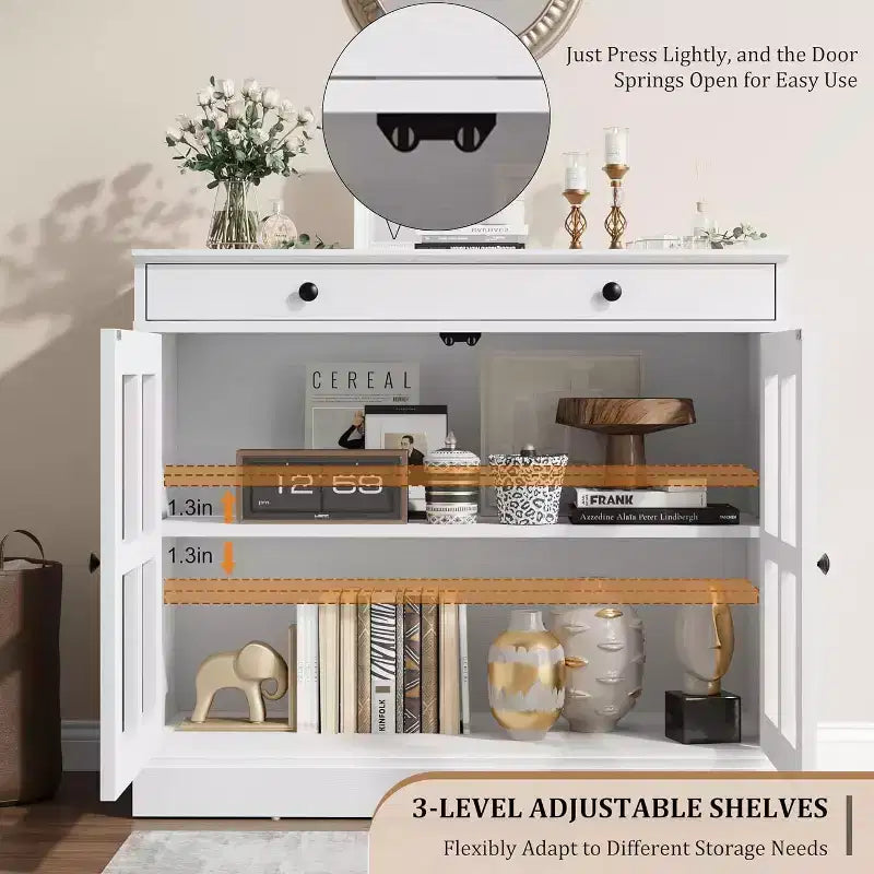 89.9 cm breites Sideboard Buffet-Schrank mit Glastür und Schublade, verstellbarer Aufbewahrungsschrank für Esszimmer, Küche oder Wohnzimmer