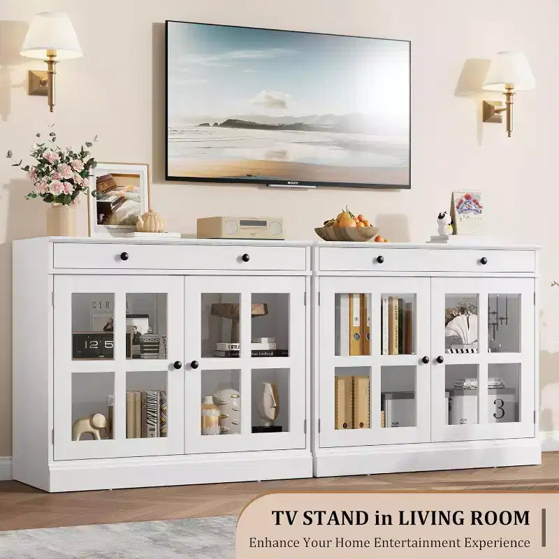 89.9 cm breites Sideboard Buffet-Schrank mit Glastür und Schublade, verstellbarer Aufbewahrungsschrank für Esszimmer, Küche oder Wohnzimmer