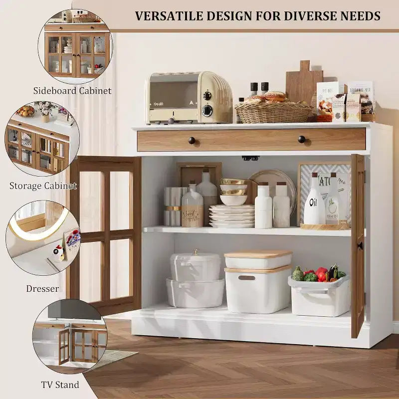 89.9 cm breites Sideboard Buffet-Schrank mit Glastür und Schublade, verstellbarer Aufbewahrungsschrank für Esszimmer, Küche oder Wohnzimmer