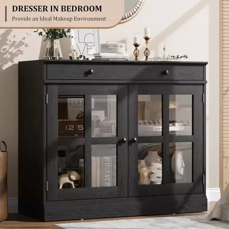 89.9 cm breites Sideboard Buffet-Schrank mit Glastür und Schublade, verstellbarer Aufbewahrungsschrank für Esszimmer, Küche oder Wohnzimmer