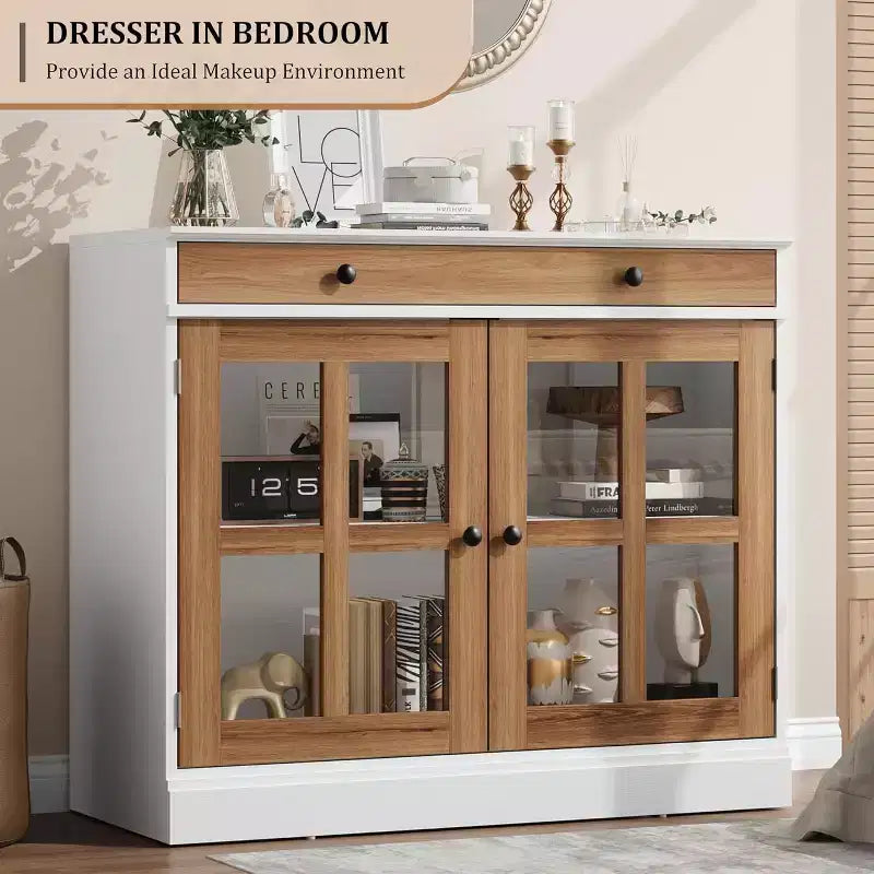 89.9 cm breites Sideboard Buffet-Schrank mit Glastür und Schublade, verstellbarer Aufbewahrungsschrank für Esszimmer, Küche oder Wohnzimmer