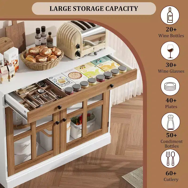 89.9 cm breites Sideboard Buffet-Schrank mit Glastür und Schublade, verstellbarer Aufbewahrungsschrank für Esszimmer, Küche oder Wohnzimmer