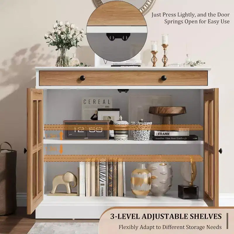 89.9 cm breites Sideboard Buffet-Schrank mit Glastür und Schublade, verstellbarer Aufbewahrungsschrank für Esszimmer, Küche oder Wohnzimmer