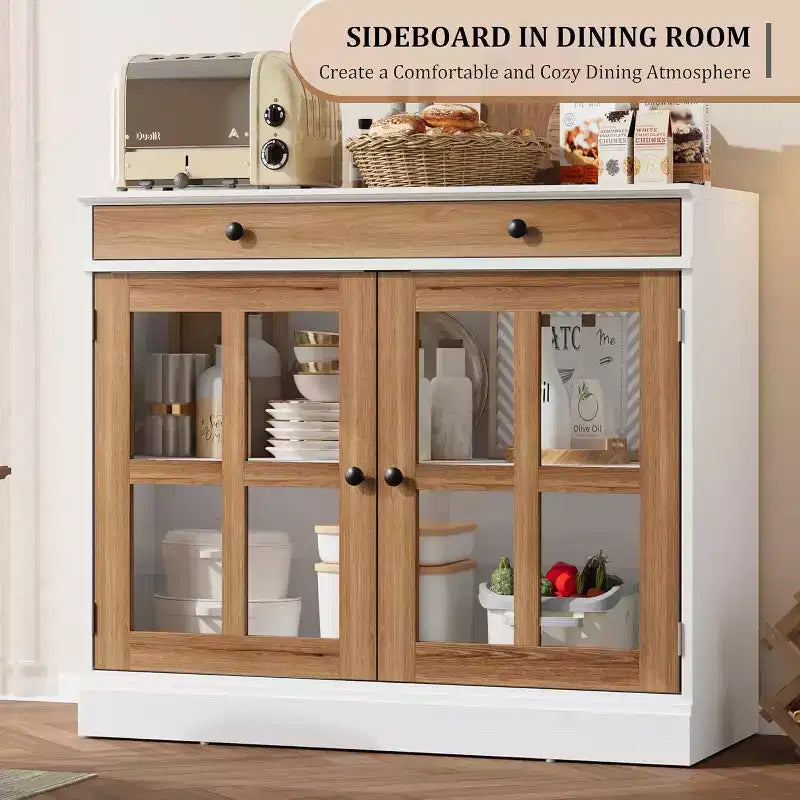 89.9 cm breites Sideboard Buffet-Schrank mit Glastür und Schublade, verstellbarer Aufbewahrungsschrank für Esszimmer, Küche oder Wohnzimmer
