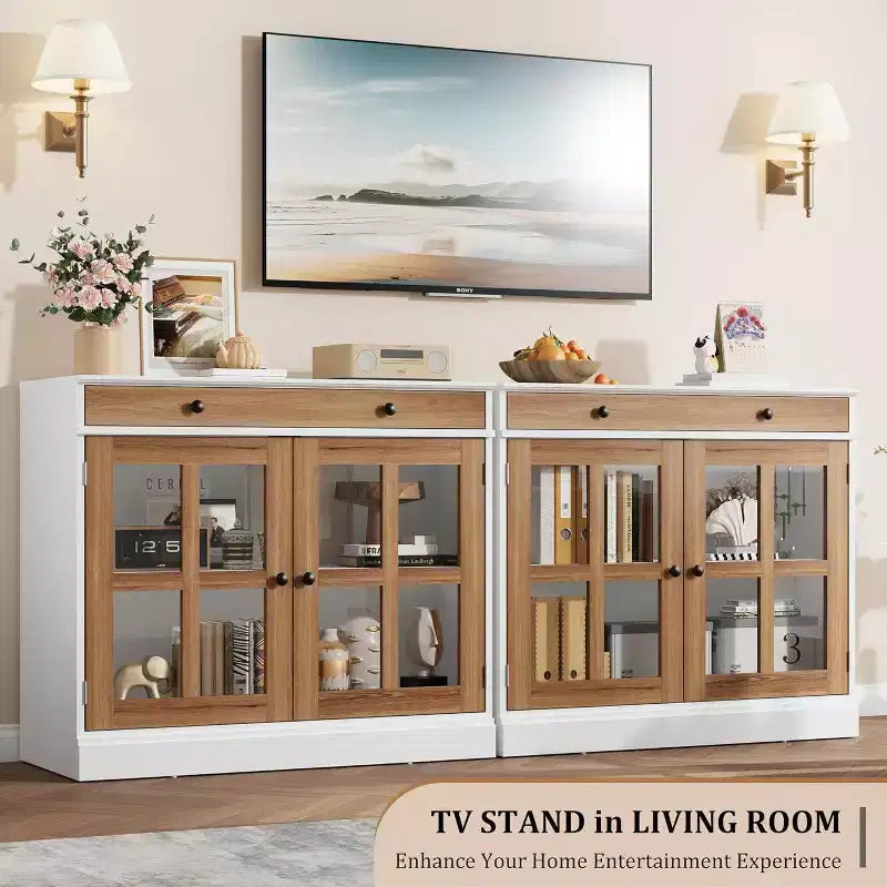89.9 cm breites Sideboard Buffet-Schrank mit Glastür und Schublade, verstellbarer Aufbewahrungsschrank für Esszimmer, Küche oder Wohnzimmer