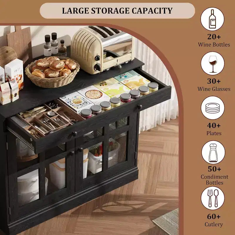 89.9 cm breites Sideboard Buffet-Schrank mit Glastür und Schublade, verstellbarer Aufbewahrungsschrank für Esszimmer, Küche oder Wohnzimmer