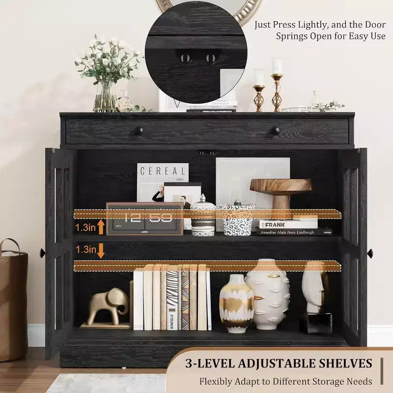 89.9 cm breites Sideboard Buffet-Schrank mit Glastür und Schublade, verstellbarer Aufbewahrungsschrank für Esszimmer, Küche oder Wohnzimmer