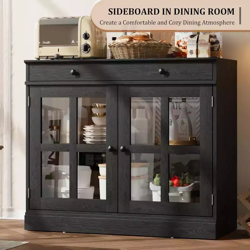 89.9 cm breites Sideboard Buffet-Schrank mit Glastür und Schublade, verstellbarer Aufbewahrungsschrank für Esszimmer, Küche oder Wohnzimmer